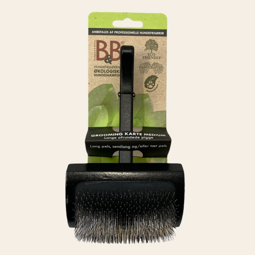 Profesjonalna szczotka pudlówka B&amp;B Økologisk Grooming Brush z drewna bukowego, do rozczesywania gęstej i długiej sierści oraz usuwania podszerstka u psa, średnia