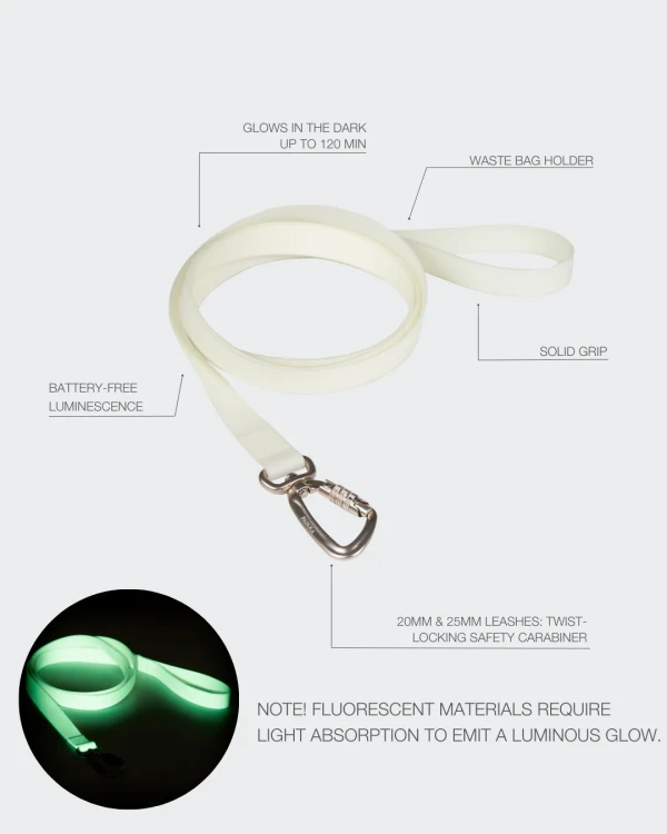 Fluorescencyjna smycz dla psa PAIKKA Glow Leash, świecąca w ciemności, nagrodzona za design, z ergonomicznym uchwytem i blokowanym karabińczykiem twist-lock. Infografika