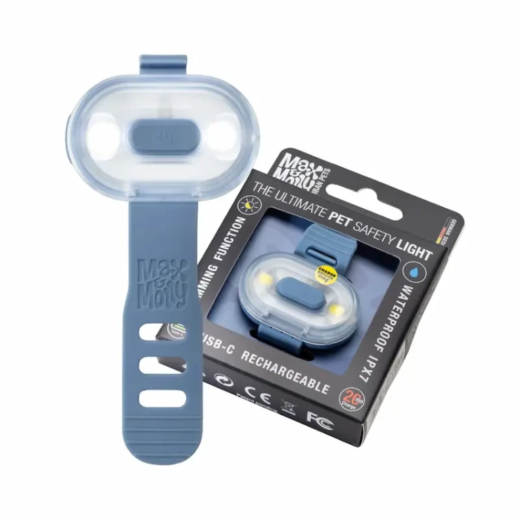 Lampka bezpieczeństwa LED dla psa Max &amp;amp;Molly Matrix 2.0, ładowana przez USB, 4 tryby świecenia, wodoodporność IP6, silikonowy regulowany pasek, czas pracy 12 godzin, kolor niebieski, opakowanie oraz lampka bez opakowania