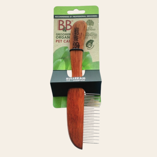 Grzebień B&amp;B Rullekam z obrotowymi ząbkami, do rozczesywania sierści i podszerstka u psa, drewniany uchwyt z ekologicznego drewna Tamanut