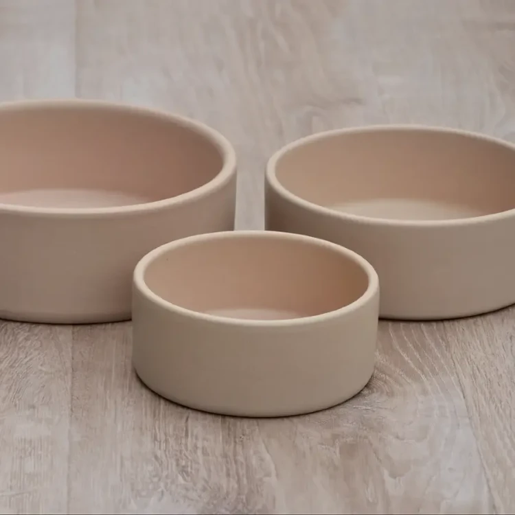 Miska dla psa Treusinn LEKKA w kolorze łososiowym, wykonana ręcznie z kamionki, o minimalistycznym designie w stylu skandynawskim, z matowym szkliwem, niskim profilem i stabilną, ciężką podstawą.