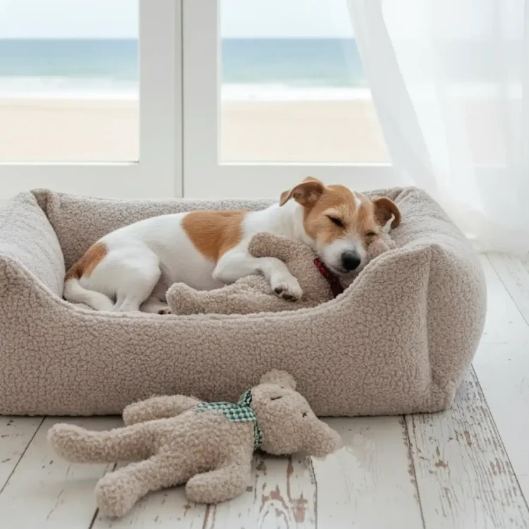 Ręcznie szyty pluszowy miś dla psa w kolorze szarym Dogs in the City Charly Paddy, bez piszczałki, z haftowanymi oczami i nosem, wykonany z materiałów z recyklingu.