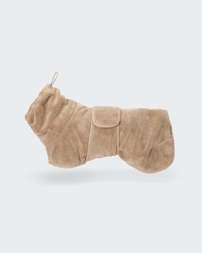 Płaszcz kąpielowy dla psa PAIKKA Drying Coat Taupe, z chłonnej mikrofibry, technologia SILVERPLUS® neutralizująca zapachy, łatwe zakładanie na rzep