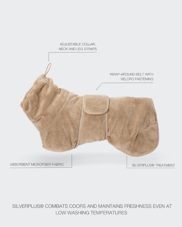 Płaszcz kąpielowy dla psa PAIKKA Drying Coat Taupe, z chłonnej mikrofibry, technologia SILVERPLUS® neutralizująca zapachy, łatwe zakładanie na rzep