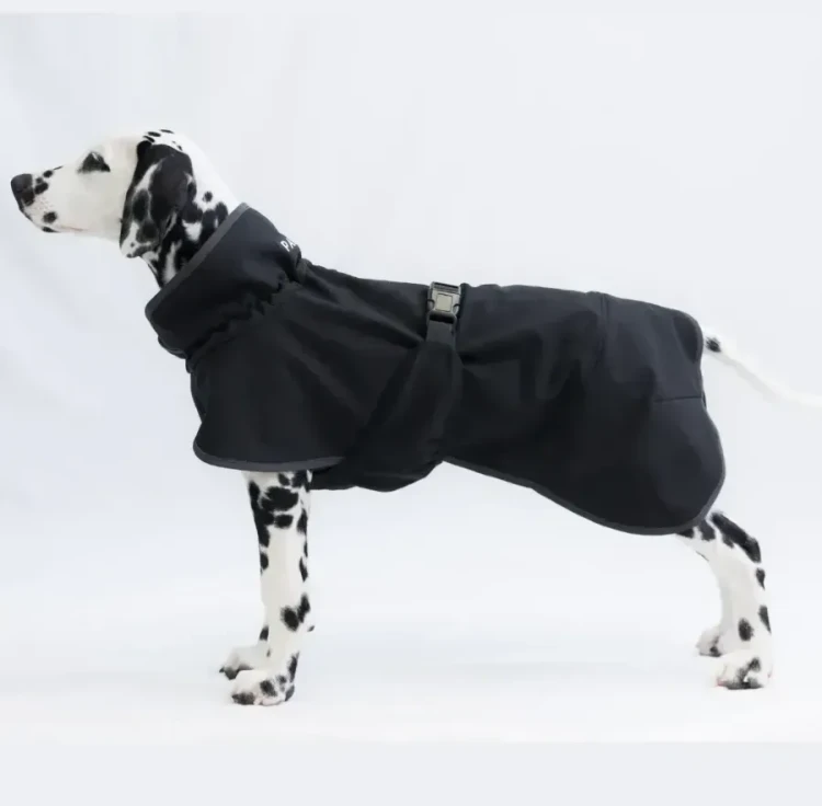 Czarna kurtka softshell dla psa PAIKKA Recovery, wiatroodporna, z technologią FIR wspomagającą regenerację i krążenie, odblaskowe wykończenia i zapięcie na szelki