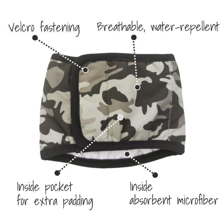 Pas ochronny dla psa Finnero JustinCase Male Dog Wrap, na znaczenie terenu i nietrzymanie moczu, oddychający, wodoodporny, kieszeń na wkład chłonny, zapinany na rzep