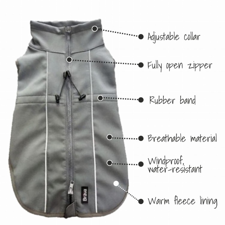 Kurtka softshell dla psa Finnero SPORT, wiatro- i wodoodporna, ciepła polarowa podszewka, zamek na grzbiecie, odblaskowe elementy, elastyczny i oddychający materia