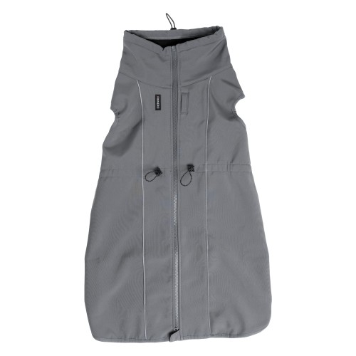 Całoroczna kurtka softshell dla psa Finnero SPORT, wiatro- i wodoodporna, polarowa podszewka, wydłużony krój, gumki na łapy, zamek na smycz, odblaskowe detale