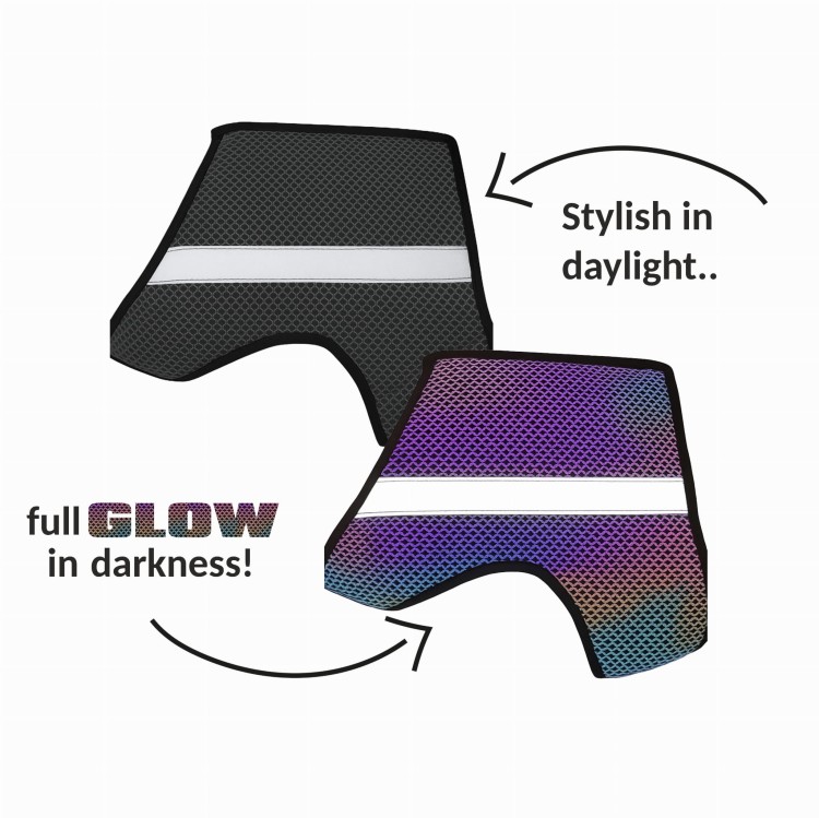 Wielobarwna kamizelka odblaskowa dla psa Finnero GLOW, tęczowy efekt odblaskowy, lekki oddychający poliester, regulowane zapięcia na rzep, dla maksymalnej widoczności po zmroku