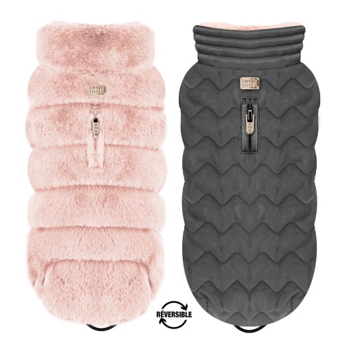 Dwustronna kurtka zimowa dla psa Milk &amp; Pepper Louise Reversible, strona 1: pudroworóżowe futerko, strona 2: pikowany, wodoodporny antracyt, z otworem na smycz i złotymi napami