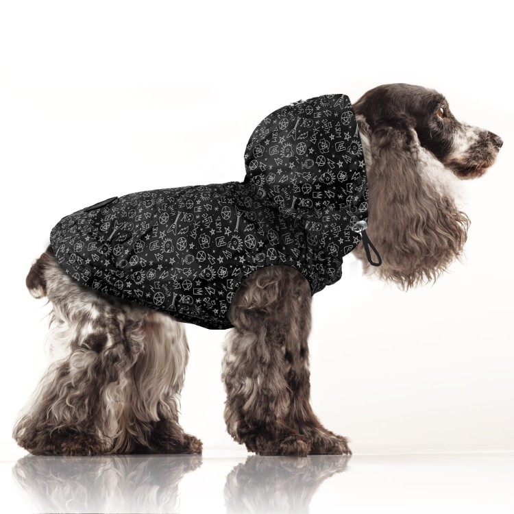 Czarny płaszczyk przeciwdeszczowy dla psa Milk &amp; Pepper Zack, wodoodporny materiał w stylu rock&amp;roll, z kapturem, otwór na smycz, zapięcie na napy, bawełniana podszewka