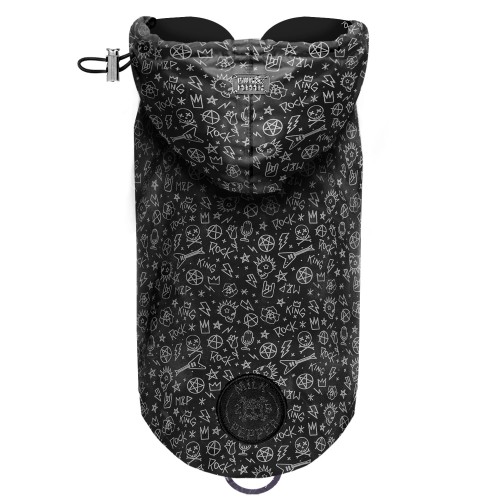 Czarny płaszczyk przeciwdeszczowy dla psa Milk &amp; Pepper Zack, wodoodporny materiał w stylu rock&amp;roll, z kapturem, otwór na smycz, zapięcie na napy, bawełniana podszewka