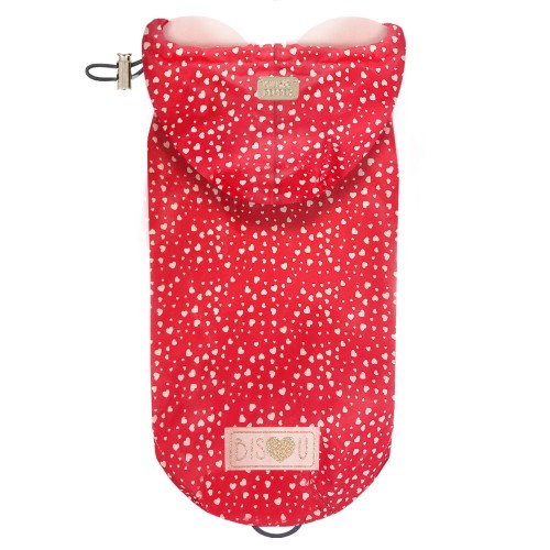 Czerwona kurtka przeciwdeszczowa dla psa Milk &amp; Pepper Cyrielle, wodoodporna, z nadrukiem serduszek, różowa podszewka z jerseyu, kaptur i otwór na smycz