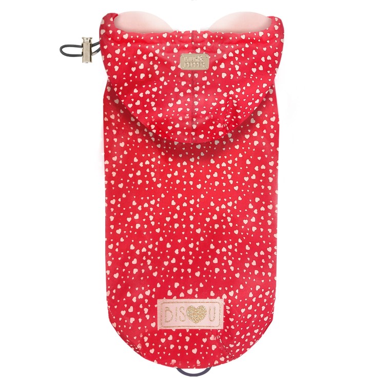 Czerwona kurtka przeciwdeszczowa dla psa Milk &amp; Pepper Cyrielle, wodoodporna, z nadrukiem serduszek, różowa podszewka z jerseyu, kaptur i otwór na smycz