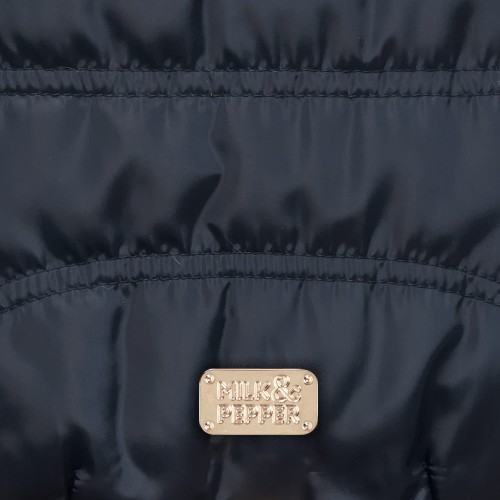 Dwustronna kurtka zimowa dla psa Milk &amp; Pepper Lily, musztardowy kwiatowy wzór i granatowy wodoodporny pikowany poliester, ocieplana, z zamkiem na smycz i złotymi napami