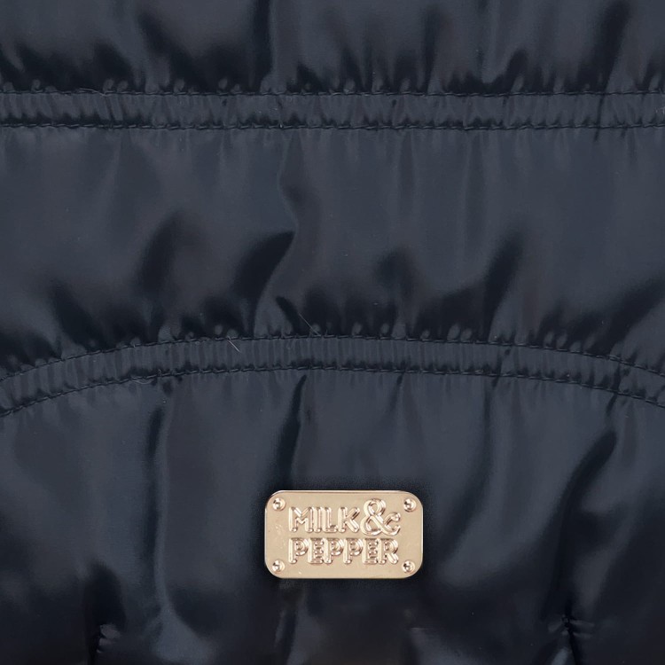 Dwustronna kurtka zimowa dla psa Milk &amp; Pepper Lily, musztardowy kwiatowy wzór i granatowy wodoodporny pikowany poliester, ocieplana, z zamkiem na smycz i złotymi napami