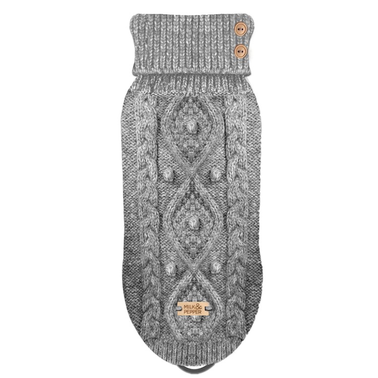 Beżowy sweter dla psa Milk &amp; Pepper Keelan Cable Sweater, ciepły, pleciony splot 'cable knit', z otworem na smycz, elegancki design