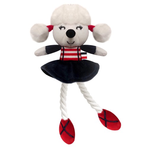 Pluszowa zabawka dla psa Milk &amp; Pepper BLANCHE Toy w kształcie pudla, ultramiękki plusz z piszczałką, bawełniane sznurki do gryzienia, dla małych i średnich psów