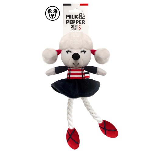 Pluszowa zabawka dla psa Milk &amp; Pepper BLANCHE Toy w kształcie pudla, ultramiękki plusz z piszczałką, bawełniane sznurki do gryzienia, dla małych i średnich psów