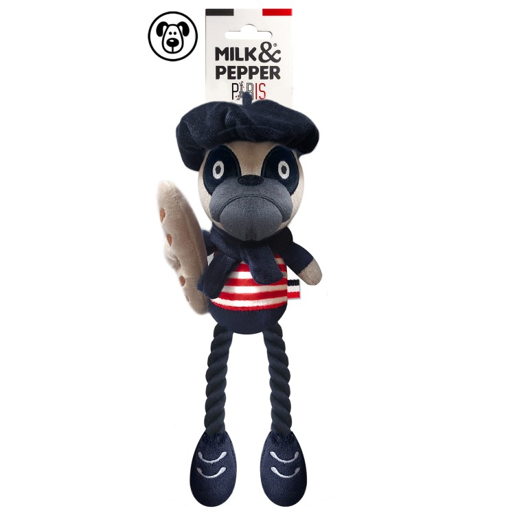 Pluszowa zabawka dla psa Milk &amp; Pepper ANTONIN Toy w kształcie buldoga, ultramiękki plusz, piszczałka, nogi z granatowego sznurka do gryzienia, rozmiar 28 cm
