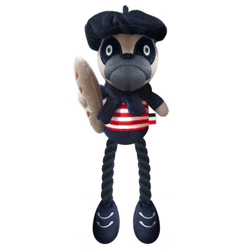 Pluszowa zabawka dla psa Milk &amp; Pepper ANTONIN Toy w kształcie buldoga, ultramiękki plusz, piszczałka, nogi z granatowego sznurka do gryzienia, rozmiar 28 cm