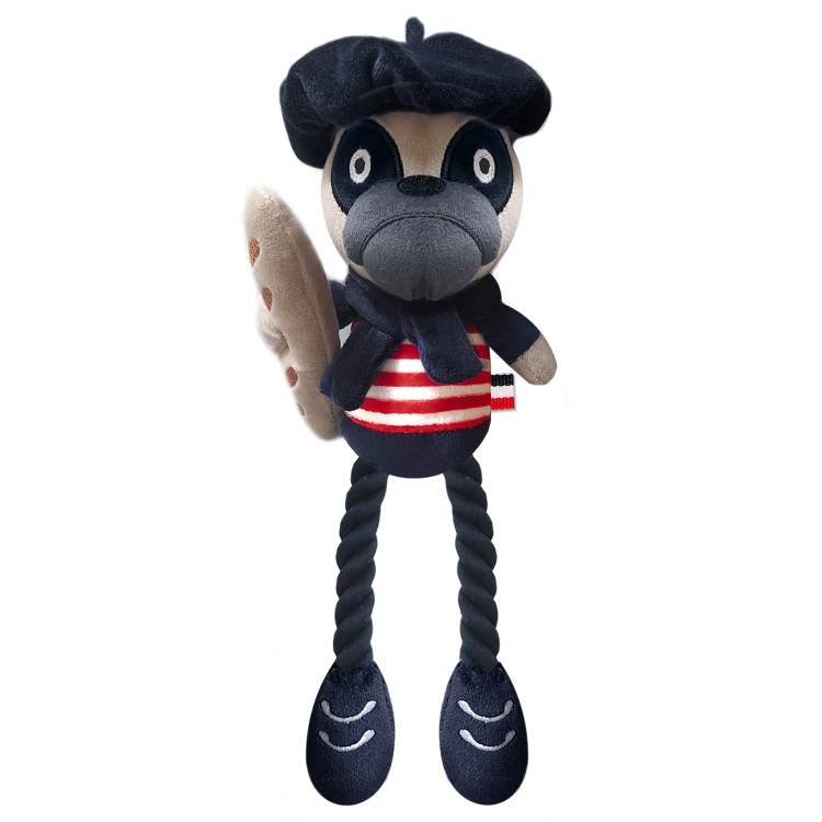 Pluszowa zabawka dla psa Milk &amp; Pepper ANTONIN Toy w kształcie buldoga, ultramiękki plusz, piszczałka, nogi z granatowego sznurka do gryzienia, rozmiar 28 cm