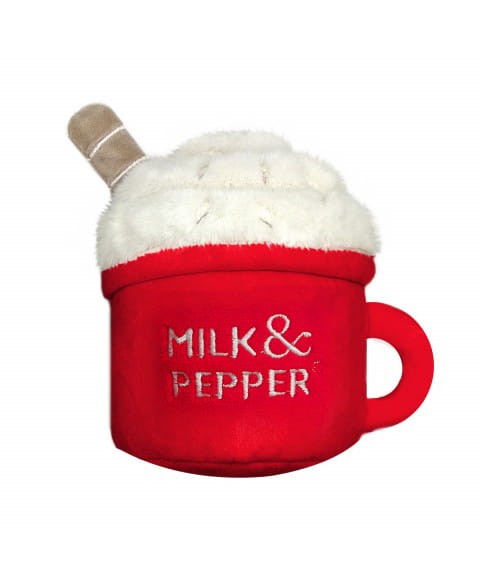 Pluszowa zabawka dla psa Milk &amp; Pepper Macchiato Mug Toy, kubek kawy z otworem na smakołyki, ultramiękki plusz, piszczałka, rozmiar 12 cm