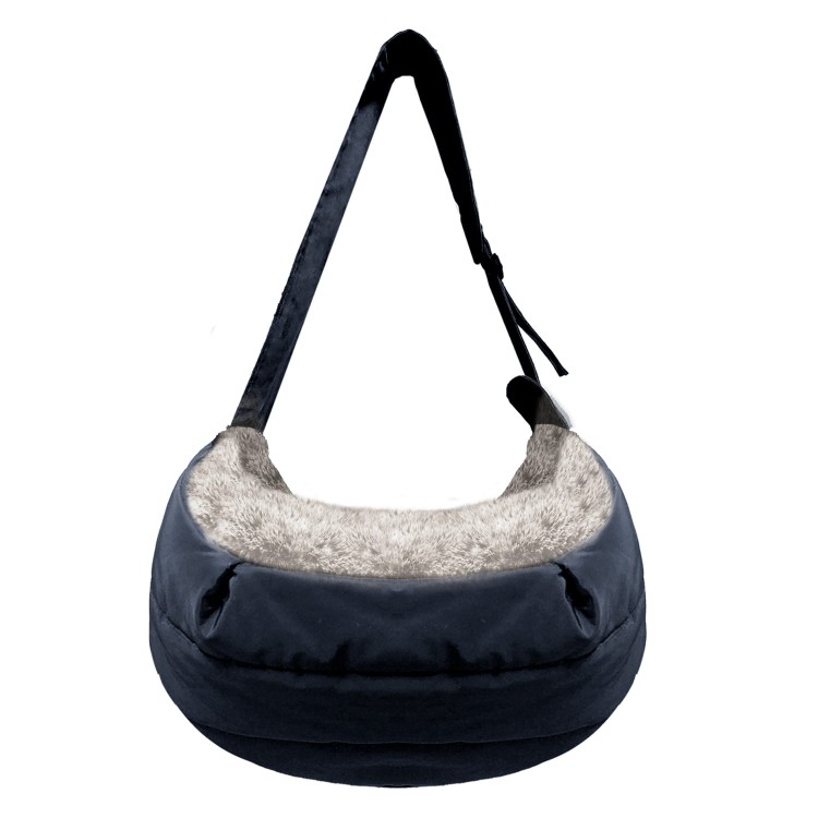 Torba transportowa dla psa Milk &amp; Pepper Jemma, pikowany granatowy poliester, wnętrze wyściełane beżowym futerkiem, z regulowanym paskiem i smyczą bezpieczeństwa