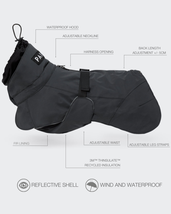 Odblaskowa kurtka zimowa dla psa PAIKKA Visibility Dark, z ociepleniem 3M Thinsulate i podszewką FIR regenerującą mięśnie, wodoodporność 10000 mm, z otworem na szelki