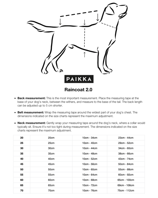 tabela rozmiarów PAIKKA Visibility Raincoat lite