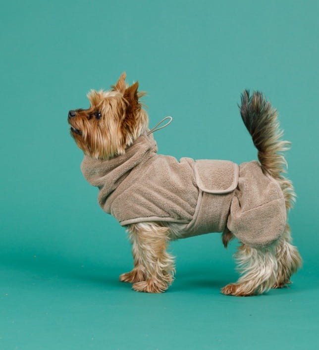 Płaszcz kąpielowy dla psa PAIKKA Drying Coat Taupe, z chłonnej mikrofibry, technologia SILVERPLUS® neutralizująca zapachy, łatwe zakładanie na rzep