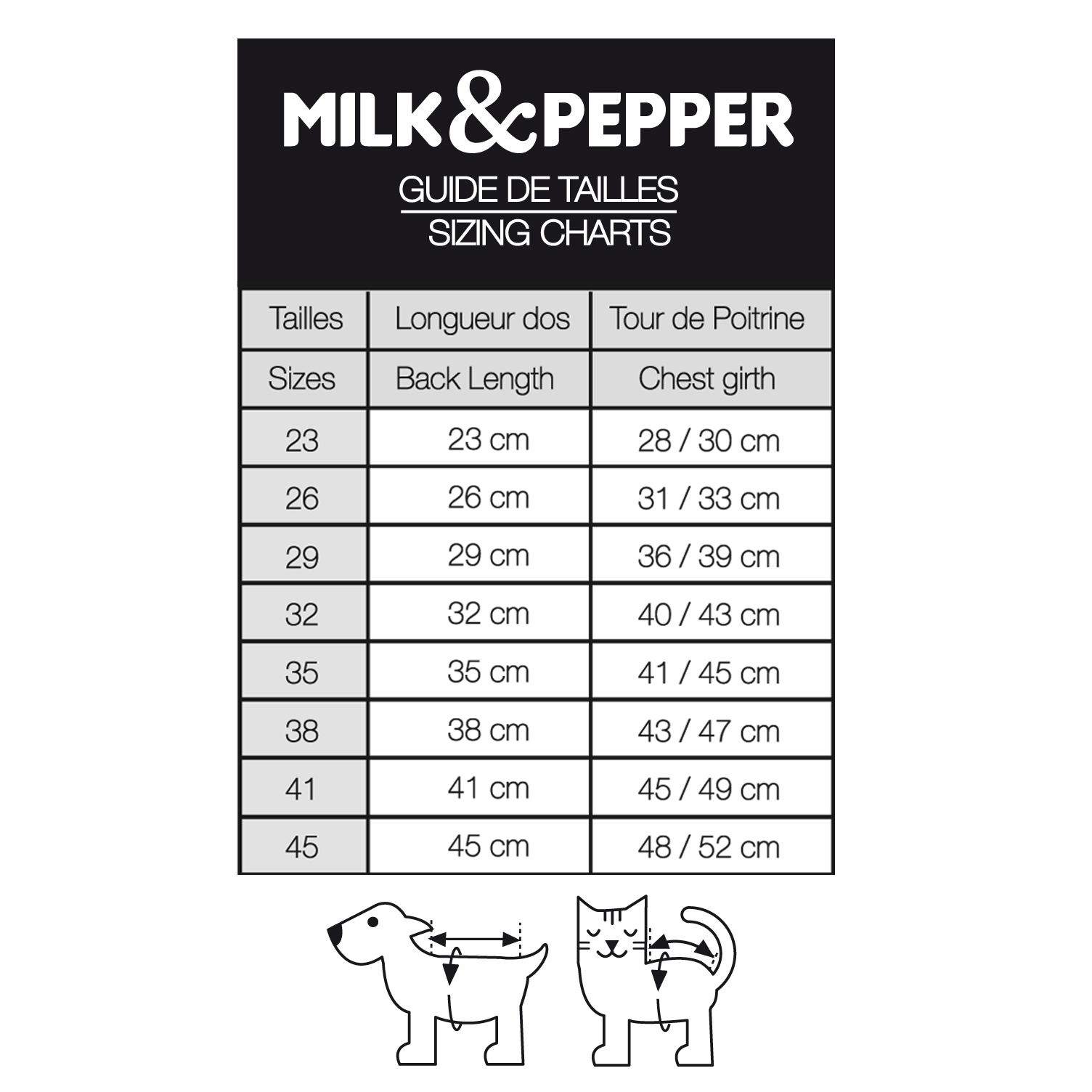 tabela rozmiaró bluza Milk&Pepper