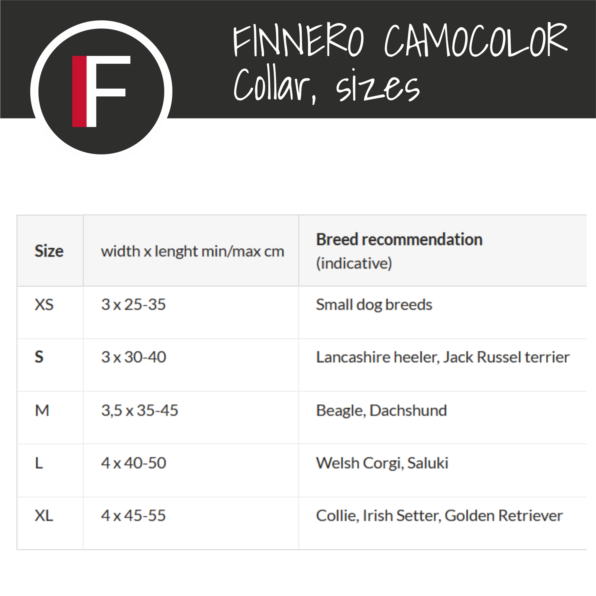 Finnero obroża CAMOCOLOR rozmiary