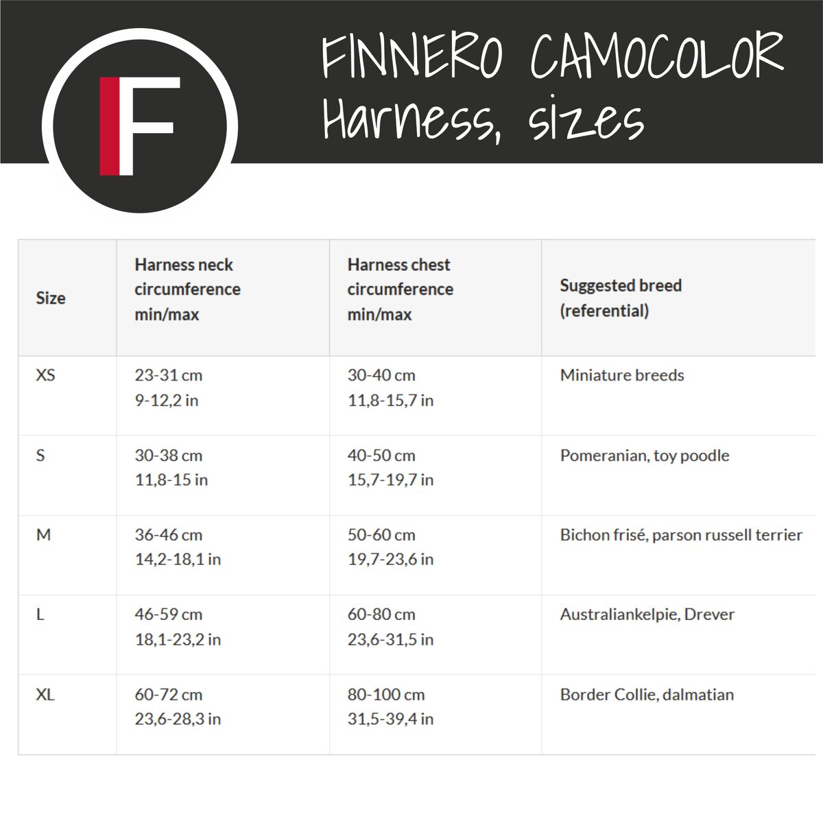 Finnero CAMOCOLOR Y-harness tabela rozmiarów