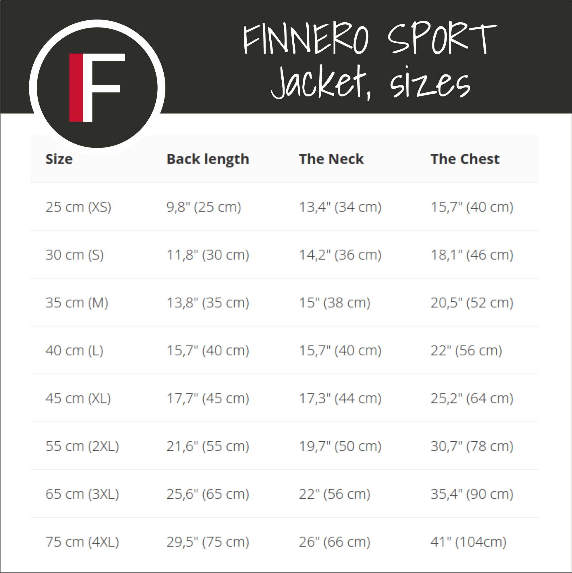 Finnero tabela rozmiarów softshell