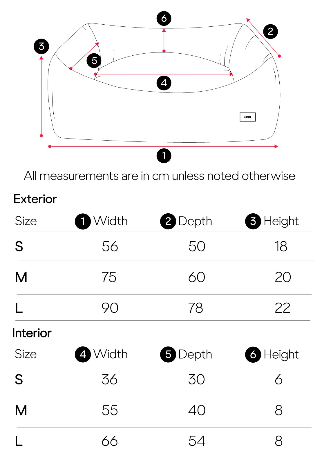Tabela wymiarów legowisk Snozy CAFIDE